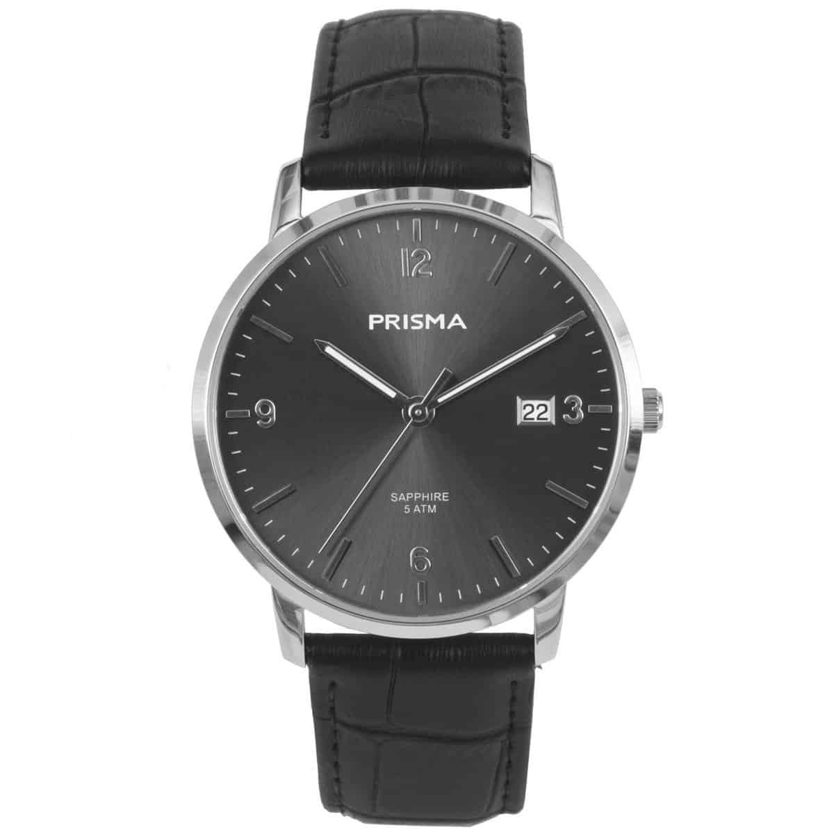 Prisma heren P.1646 horloge edelstaal saffierglas 5 ATM 		
		
Algemeen		
Geslacht: heren		
Model: P.1646		
		
Voordelen		
- band echt leer zwart		
- wijzerplaat grijs met zilvere cijfers (arabisch)		
- glas is zeer krasvast		
- slimeline model (minder dan 9 mm dik)		
- designed in the Netherlands		
- spat waterdicht: handenwassen, regen		
- datum		
- maat kast 39mm (breedte) 7,51mm (dikte)		
		
		
		
		
