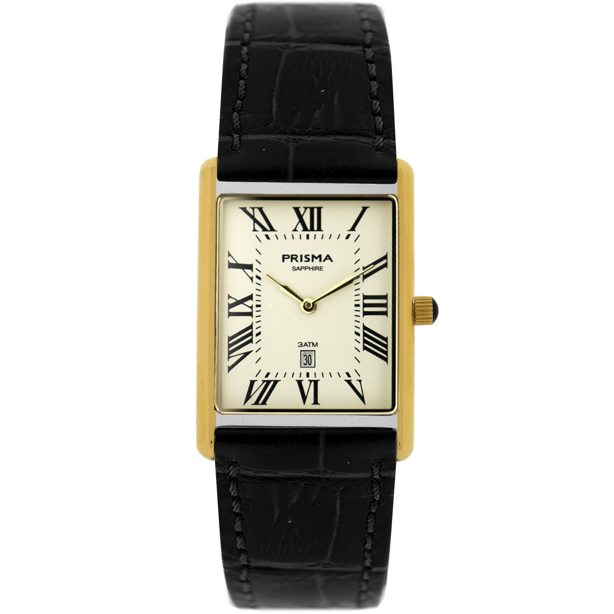 Prisma horloge P2371 Baron heren edelstaal saffierglas 3 ATM

Algemeen
Geslacht: heren
Model: P.2371

Voordelen
- echt lederen band met goudkleurige gesp
- rechthoek model
- wijzerplaat cr&#232;me met zwarte Romeinse cijfers
- Waterdicht all-weather
- glas is zeer krasvast
- ook voor brede pols 
- quartz uurwerk
- maat kast 28 mm  x 39 mm (breedte) 7 mm (dikte)

