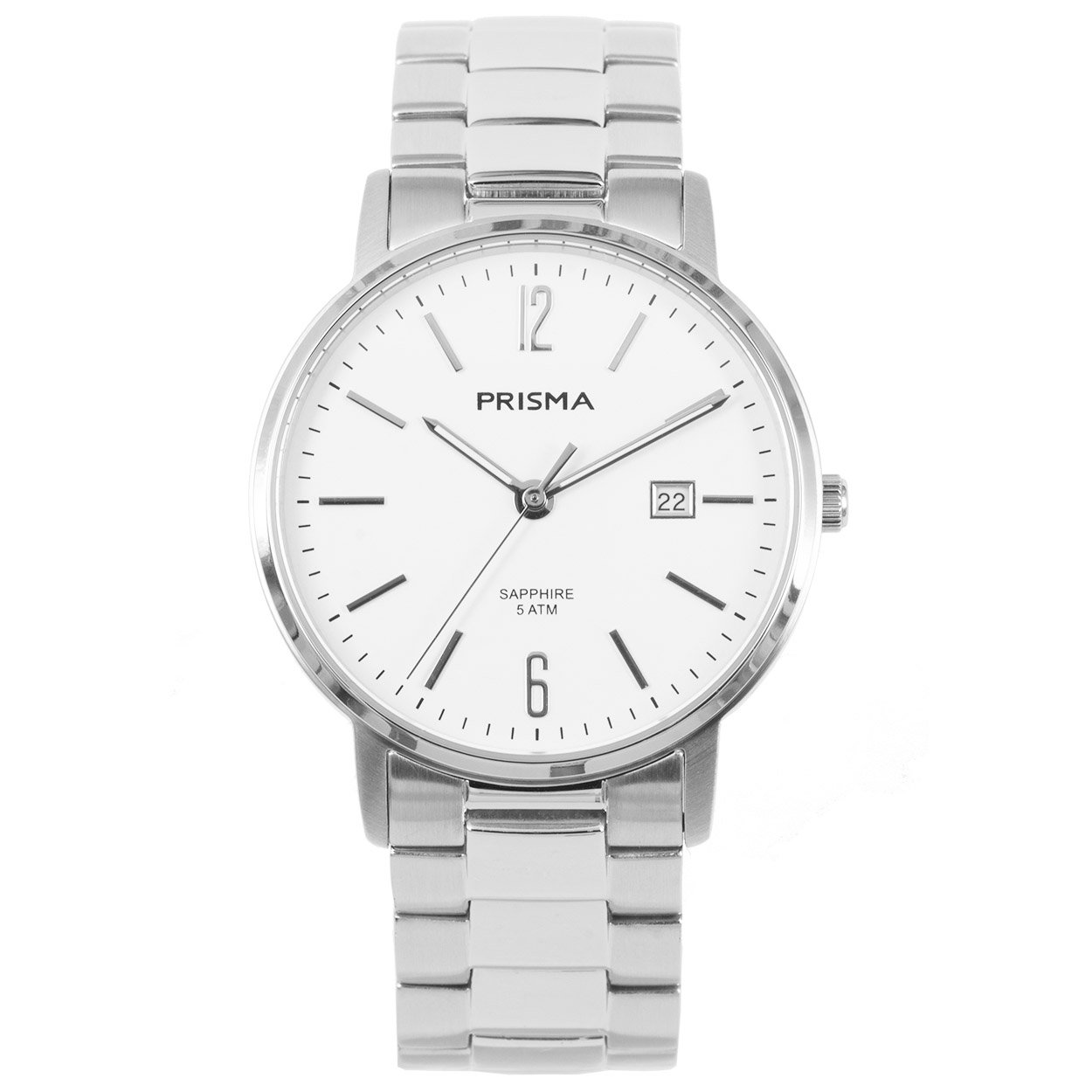 Prisma horloge P.1470 heren edelstaal saffierglas 5 ATM 

Algemeen
Geslacht: heren
Model: P1470

Voordelen
- band edelstaal zilver Solid
- wijzerplaat wit met zilvere streepjes
- glas is zeer krasvast
- ook voor brede pols (max. 220 mm)
-wijzers lichten op in donker
- datum
- spat waterdicht: handenwassen, regen
- quartz
- maat kast 39mm (breedte) 7,7mm (dikte)

