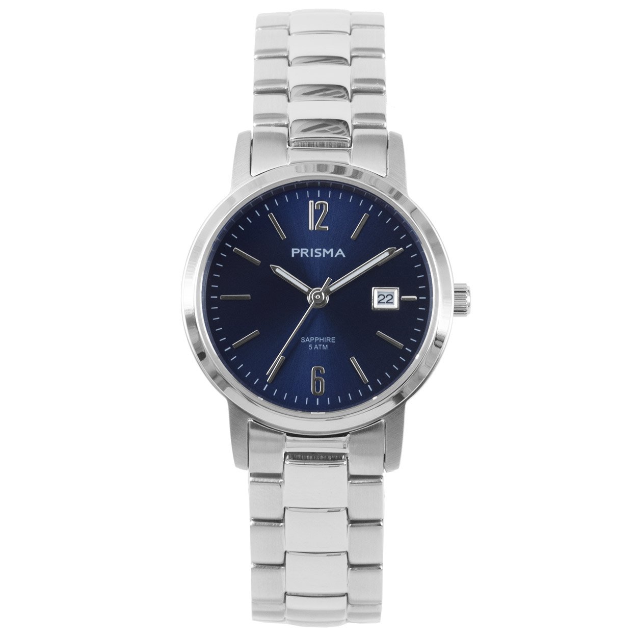 Prisma horloge P.1475 dames edelstaal saffierglas 5 ATM 

Algemeen
Geslacht: dames
Model: P.1475

Voordelen
- band edelstaal zilver
- wijzerplaat blauw met zilvere streepjes
- glas is zeer krasvast
- wijzers lichten op in donker
- datum
- spat waterdicht: handenwassen, regen
- quartz
- maat kast 28mm (breedte) 7,4mm (dikte)