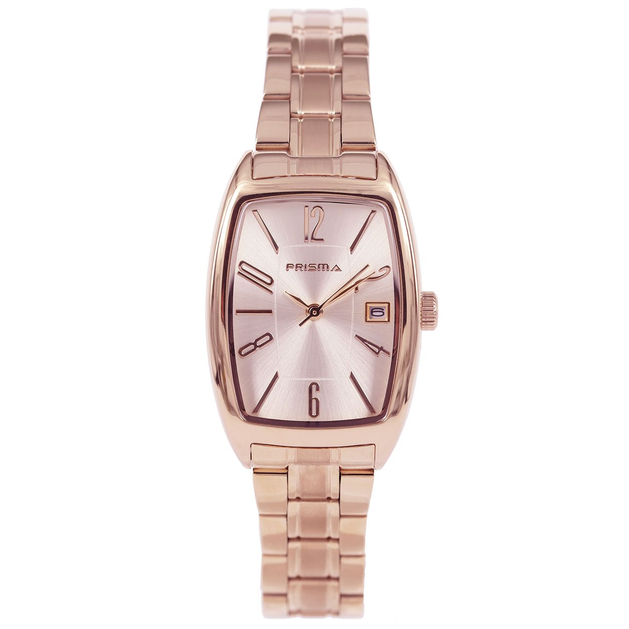 P1516
Prisma dames horloge 
- Kast maat: 24mm (36.5mm)
- Kast dikte: 9mm
- Kast materiaal: Edelstaal ros&#233;goudkleurig
- Kast coating: verguld IPRG
- Uurwerk type: Miyota GL10 (datum)
- Glas type; Mineral
- Waterdichtheid: 3 ATM
- Horlogeband: Edelstaal IP-ros&#233;goudkleurig met klepsluiting
- Band coating: verguld IPRG
- Maat aansluiting band: 14mm
- Wijzerplaat; Rosegoudkleurig met ros&#233;goudkleurige aanduiding.
- Licht functie: Nee  
EAN: 8716667164796

Code: catdu