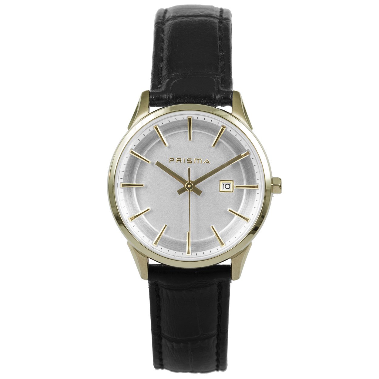 P1573
Prisma dames horloge met lederen band.
- Kast maat: 30mm
- Kast dikte: 8mm
- Kast materiaal: Goudkleurig edelstaal 
- Kast coating: Verguld (IPG)
- Uurwerk type: Seiko VX82 met datum
- Glas type; Mineraal
- Waterdichtheid: 3 ATM
- Horlogeband: Zwart lederen band met gespsluiting
- Maat aansluiting band: 15mm
- Wijzerplaat; Zilver met goudkleurige aanduidingen.
- Licht functie: Nee
EAN: 8716667162075

Code: catdu
np1
CAT40