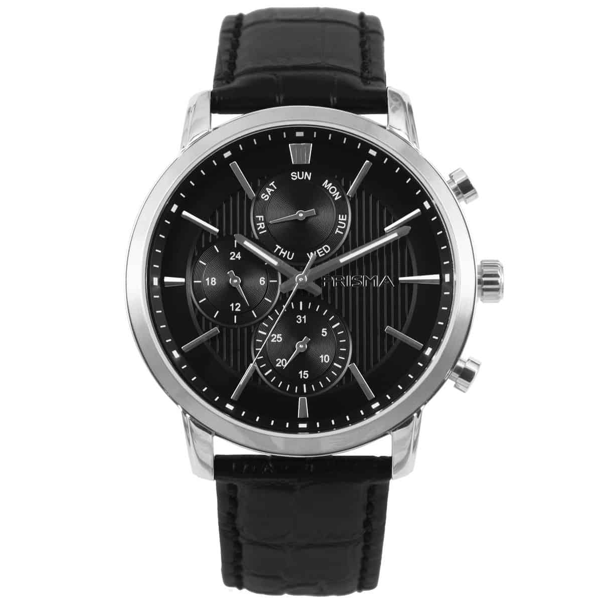 Prisma heren P1579 multifunctie horloge edelstaal 5 ATM 		
		
Algemeen		
Artikelnummer: P.1579		
Geslacht: heren		
Uurwerk: Seiko (VX9N) 		
Lichtfunctie: glow in the dark (Wijzers)		
Waterbestendigheid: 5 ATM/BAR		
		
