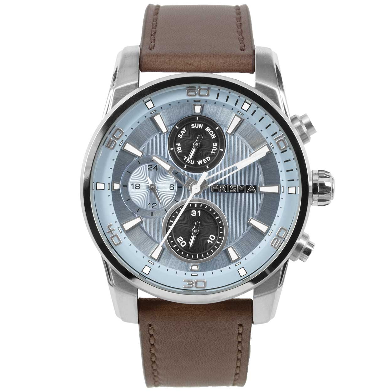Prisma horloge P1593 heren multifunctie edelstaal 10 ATM 

Algemeen
Geslacht: heren
Model: P.1593

Voordelen
- band echt leer bruin (bruin kleurig stiksel)
- multi-functie
- wijzerplaat blauw met witte streepjes
- boven gem. waterdicht: zwemmen/duiken
- ook voor brede pols (max. 229 mm)
- 24 uurs aanduiding
- datum wijzer
- quartz
- maat kast 44mm (breedte) 12,5mm (dikte)




