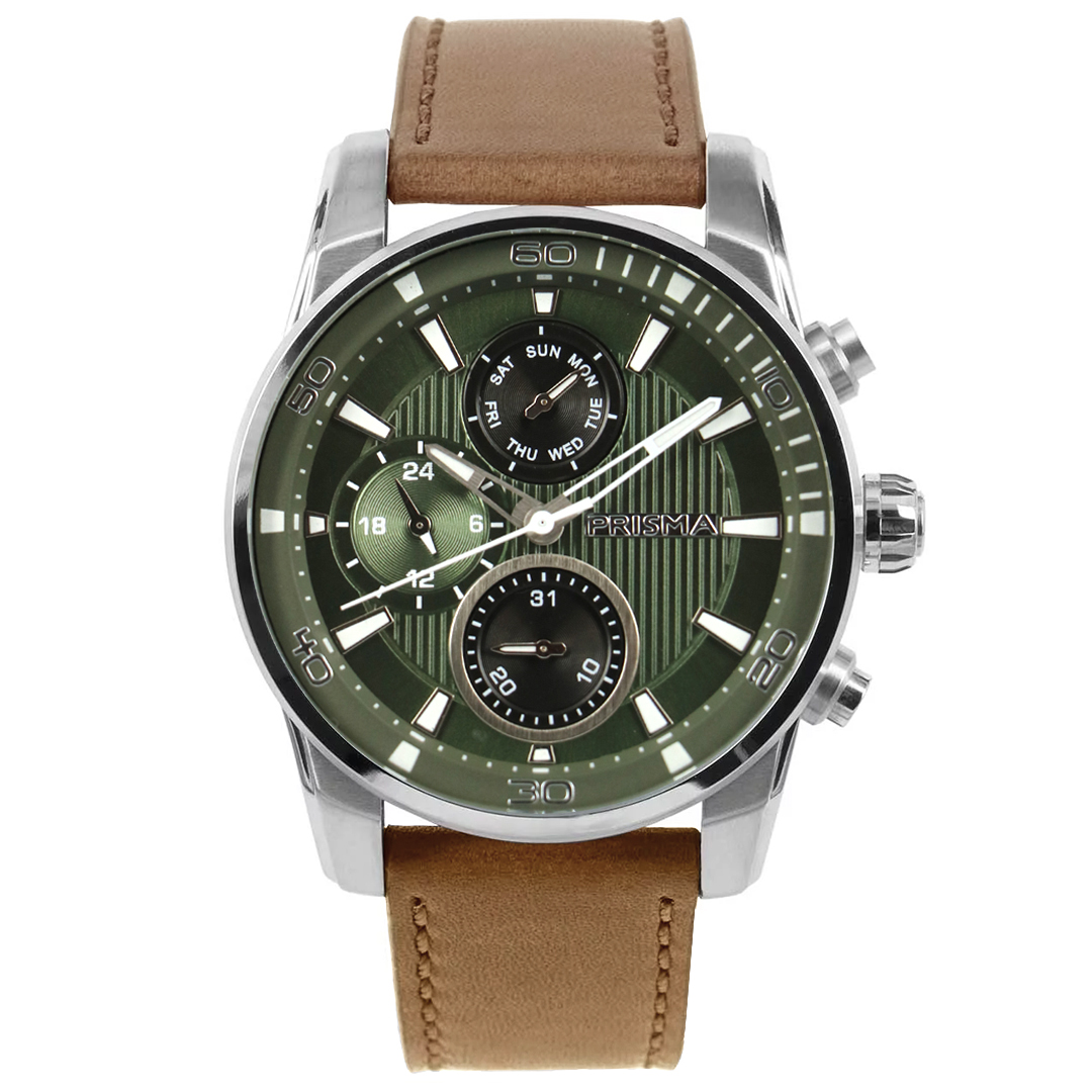 Prisma horloge P1599 heren multifunctie edelstaal 10 ATM 

Algemeen
Geslacht: heren
Model: P1599

Voordelen
- band echt leer bruin (bruin kleurig stiksel)
- multi-functie
- wijzerplaat groen met witte streepjes
- boven gem. waterdicht: zwemmen/duiken
- ook voor brede pols (max. 229 mm)
- 24 uurs aanduiding
- datum wijzer
- quartz
- maat kast 44mm (breedte) 12,5mm (dikte)


