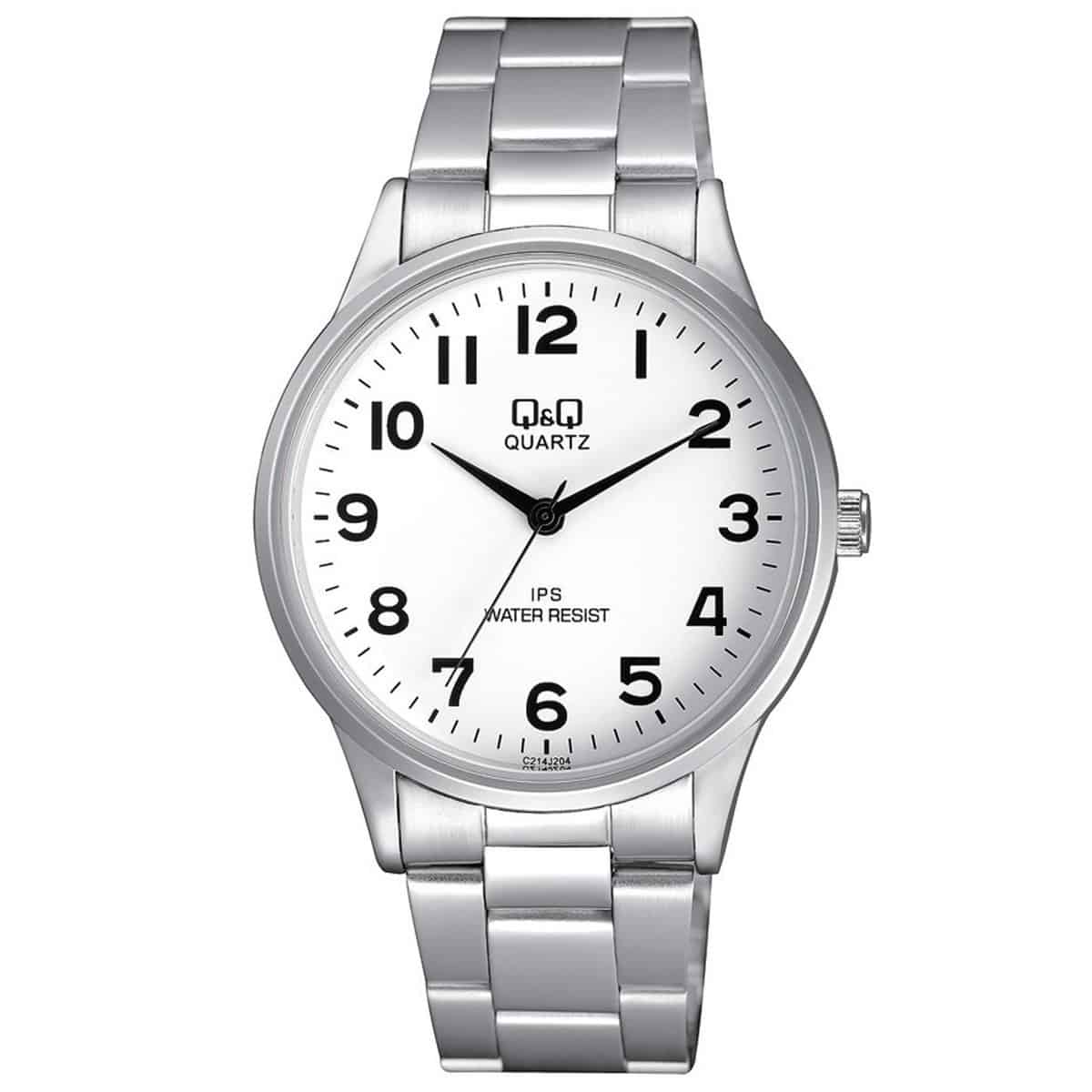 Q&Q heren C214J204 horloge 		
		
Algemeen		
Geslacht: heren		
Model: QQ.C214J204		
		
Voordelen		
- band metaal zilver		
- wijzerplaat wit met zwarte cijfers (arabisch)		
- extra harde duurzame laag		
- duidelijke tijdsweergave		
- spat waterdicht: handenwassen, regen		
- quartz		
- maat kast 40mm (breedte) 8,35mm (dikte)