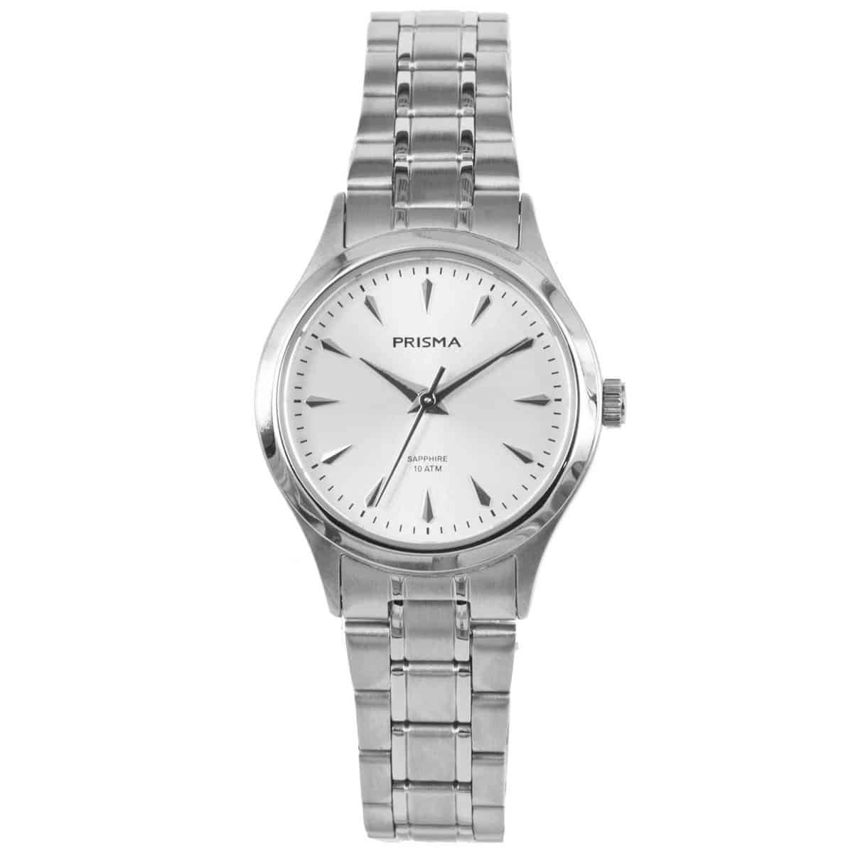 Prisma dames P.1655 horloge edelstaal saffierglas 10 ATM 		
		
Algemeen		
Geslacht: dames		
Model: P.1655		
		
Voordelen		
- band edelstaal zilver		
- wijzerplaat zilver met zilvere streepjes		
- boven gem. waterdicht: zwemmen/duiken		
- glas is zeer krasvast		
- datum		
- duurzame coating		
- quartz		
		
Product achtergrond		
Het leven is een reis. Dat klinkt een beetje clich&#233;, maar het is wel waar. Sta niet elke dag op met het idee dat het leven nog beter is in 10 of 20 jaar.Geniet en wees dankbaar voor vandaag, want het leven is echt een reis. Deze collectie onderstreept het typische Prisma gevoel.  krasvrij saffierglas en 10 ATM waterdicht. Een fantastisch uurwerk om elke dag met blijdschap te dragen.		
		
		
		
