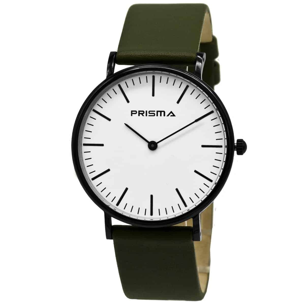 Prisma unisex 1622.829G horloge edelstaal 5 ATM 		
		
Algemeen		
Geslacht: unisex		
Model: P.1622.829G		
		
Voordelen		
- band echt leer groen		
- wijzerplaat wit met zwarte streepjes		
- glas is krasvast		
- spat waterdicht: handenwassen,regen		
- duurzame coating		
- quartz		
- maat kast 40mm (breedte) 7,7mm (dikte)		
		
Product achtergrond		
Minimalistisch, trendy en jong, zo omschrijven de dames van 100% NL dit horloge. Groen combineert bij heel veel outfits en is zowel voor mannen als vrouwen goed te dragen. 		
		
		
		
