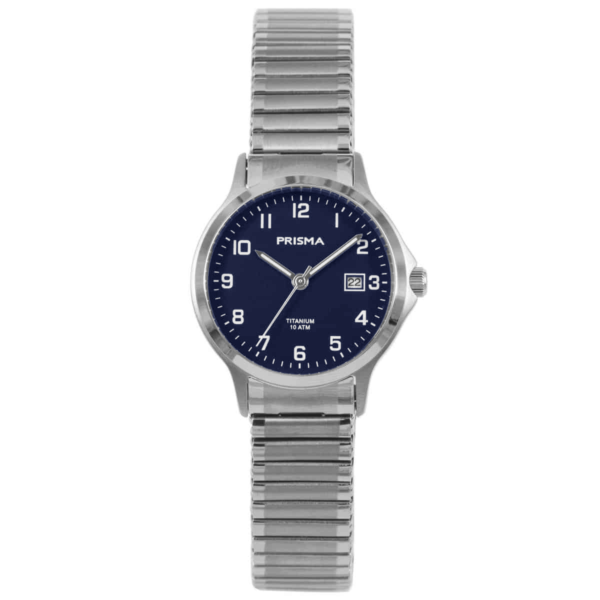 Prisma P.1715 dames horloge titanium 10 ATM 		
		
Algemeen		
Geslacht: dames		
Model: P.1715		
		
Voordelen		
- rekband sluit naadloos aan op de huid		
- band titanium zilver		
- wijzerplaat blauw met witte cijfers (arabisch)		
- geschiktvoor mensen met een allergie		
- draagcomfort door licht gewicht		
- boven gem. waterdicht: zwemmen/duiken		
- wijzers lichten op in donker		
- quartz		
- maat kast 29mm (breedte) 8,6mm (dikte)	
		

