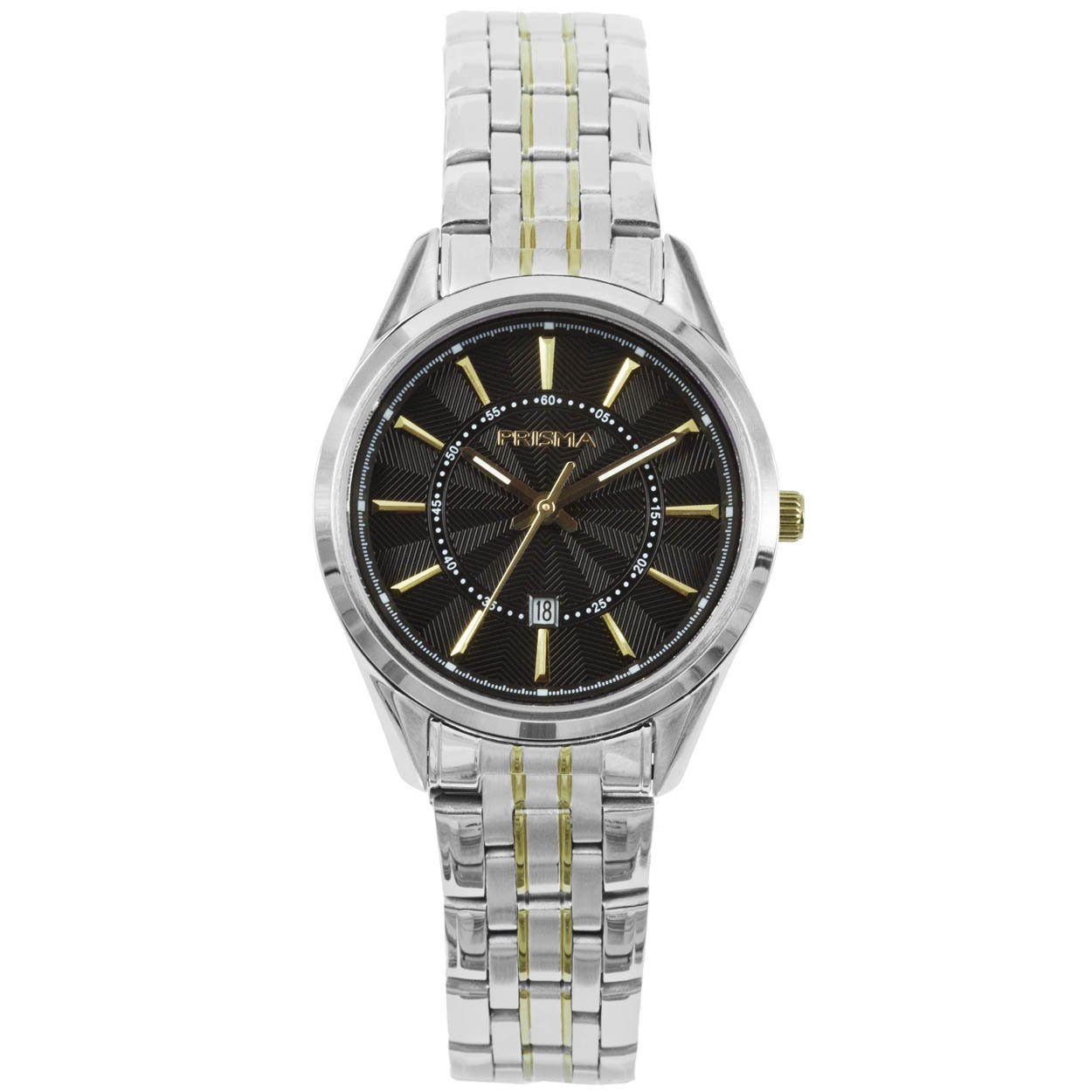 Prisma dames P.1708 horloge edelstaal 5 ATM 		
		
Algemeen		
Geslacht: dames		
Model: P.1708		
		
Voordelen		
- band edelstaal zilver/goudkleurig (bicolor)		
- wijzerplaat zwart met goudkleurige streepjes		
- handige onzichtbare klep sluiting		
- wijzers lichten op in donker		
- datum		
- spat waterdicht: handenwassen, regen		
- duurzame coating		
- maat kast 31,25mm (breedte) 8,53mm (dikte)		
		
		
		
		
