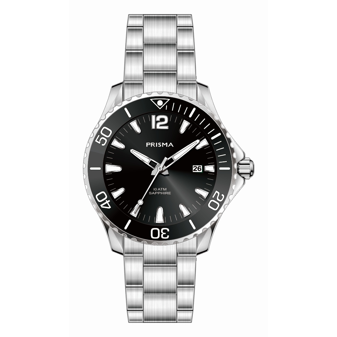 Prisma horloge 1490 heren edelstaal saffierglas 10 ATM 

Algemeen
Geslacht: heren
Model: P.1490

Voordelen
- band edelstaal zilver
- wijzerplaat zwart met zwarte streepjes
- Draaibaar/verstelbare lunette
- boven gem. waterdicht: zwemmen/duiken
- glas is zeer krasvast
- datum
- quartz
- maat kast 42,27mm (breedte) 10,9mm (dikte)


