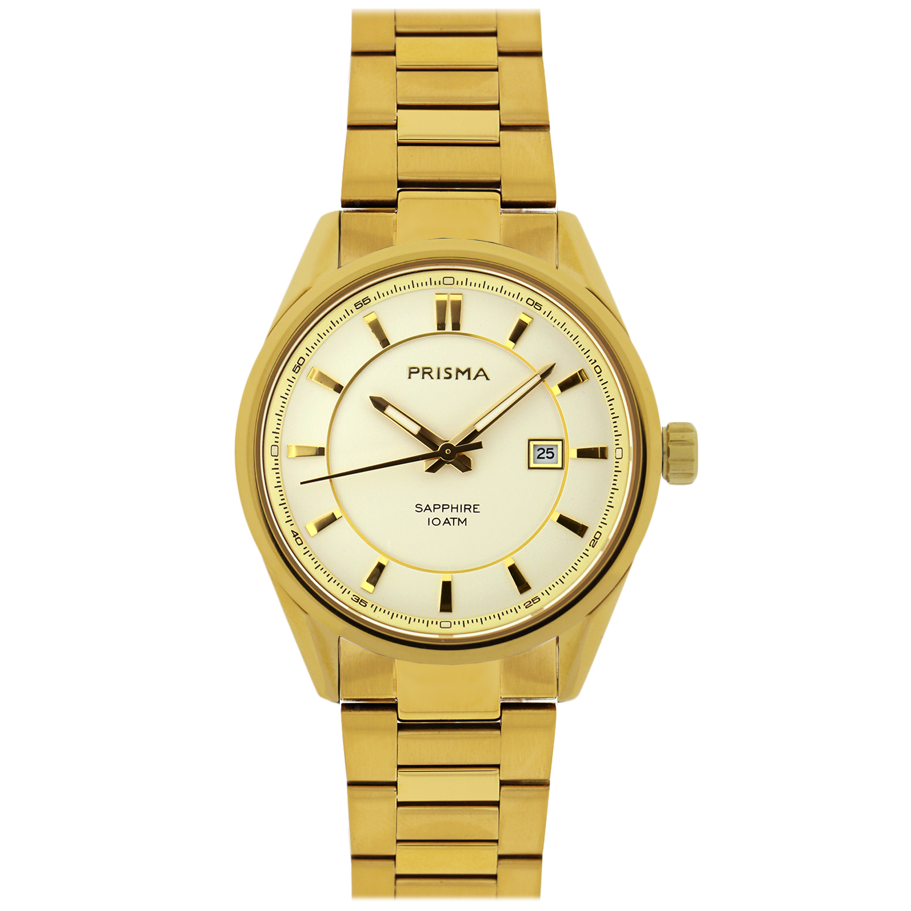 Prisma horloge P2062 heren edelstaal saffierglas 10 ATM

Algemeen
Geslacht: heren
Model: P.2062

Voordelen
- All stainless steel schakelband in het goudkleurig
- quartz
- wijzerplaat roomwit met goudkleurige streepjes
- boven gem. waterdicht: zwemmen/duiken
- glas is zeer krasvast
- ook voor brede pols (max. 230 mm)
- datum
- quartz uurwerk
- maat kast 39,5mm (breedte) 9,6mm (dikte)

