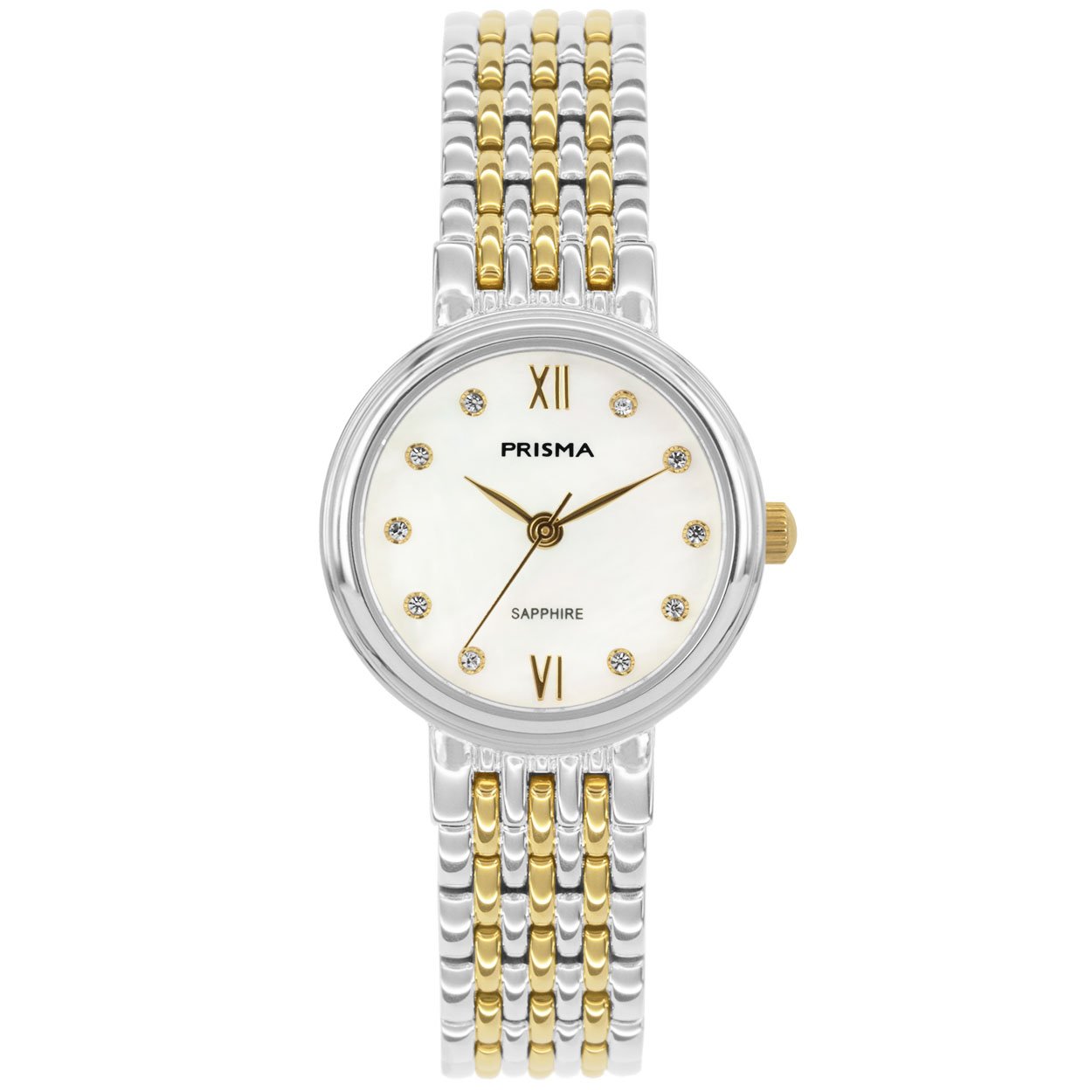 Prisma horloge 1991 dames edelstaal saffierglas 5 ATM 

Algemeen
Geslacht: dames
Model: P.1991

Voordelen
- band edelstaal zilver/goudkleurig (bicolor)
- wijzerplaat parelmoer met sier diamanten
- glas is zeer krasvast
- compacte sluitingmet extra draagcomfort
- spat waterdicht: handenwassen, regen
- quartz
- maat kast 25mm (breedte) 6,8mm (dikte)

