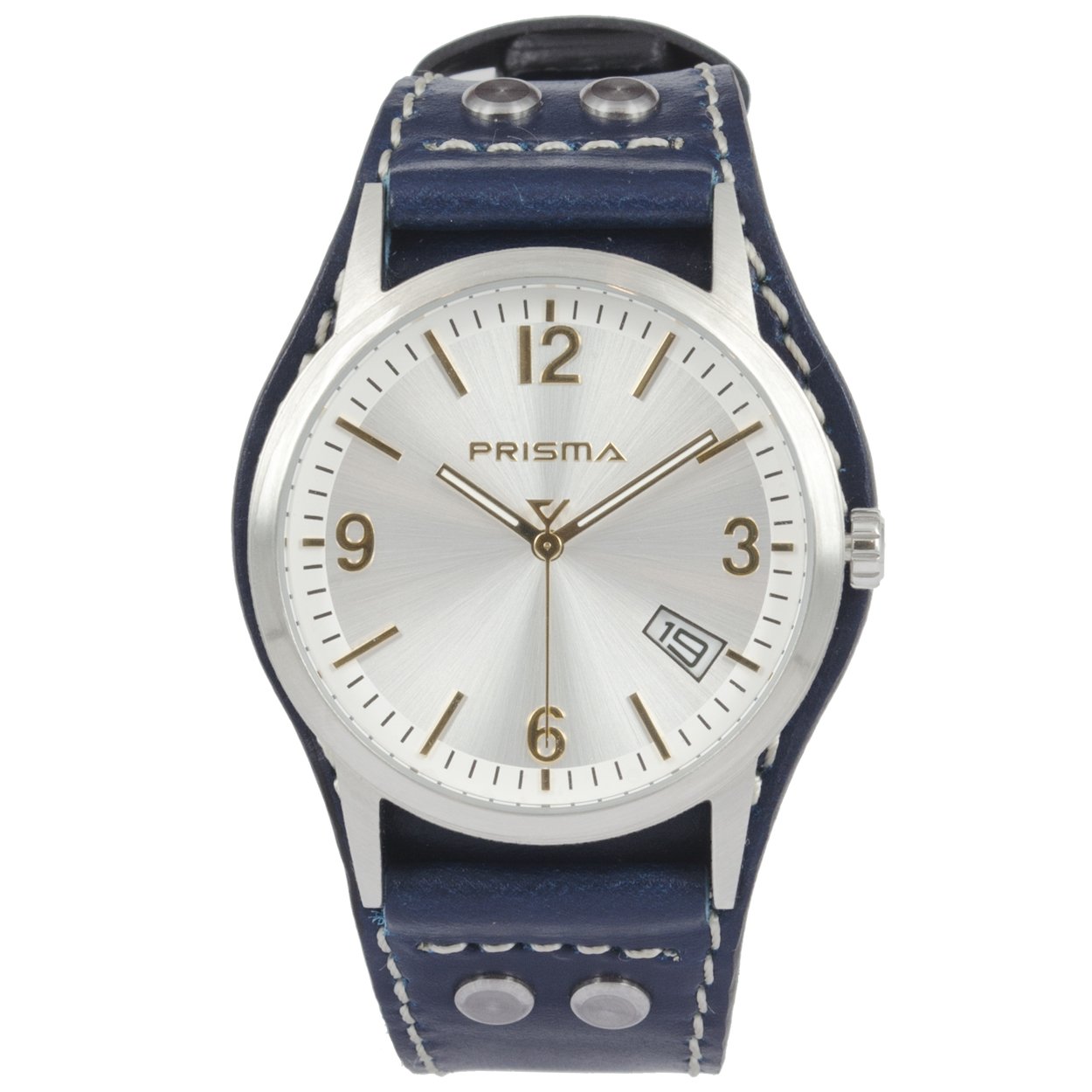 Prisma heren P.2198 horloge edelstaal 		
		
Algemeen		
Geslacht: heren		
Model: P.2198		
		
Voordelen		
- band echt leer blauw (cr&#232;me kleurig stiksel)		
- wijzerplaat zilver met gouden streepjes		
- wijzers lichten op in donker		
- datum- spat waterdicht: handenwassen, regen		
- studs op de band		
- quartz		
- maat kast 40mm (breedte) 10mm (dikte)		
		
		
		
		

