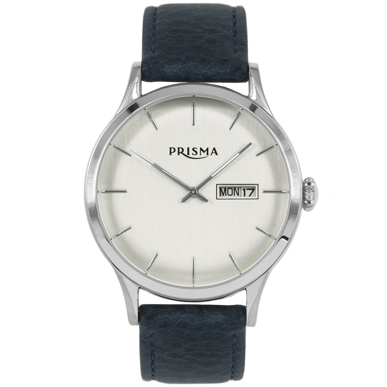 Prisma horloge 2798 heren edelstaal 

Algemeen
Geslacht: heren
Model: P.2798

Voordelen
- band echt leer blauw (blauw kleurig stiksel)
- wijzerplaat creme met zilvere streepjes
- ook voor brede pols (max. 240 mm)
- dagveld
- wijzers lichten op in donker
- mat kalfsleder
- spat waterdicht: handenwassen, regen
- quartz
- maat kast 41mm (breedte) 12mm (dikte)

