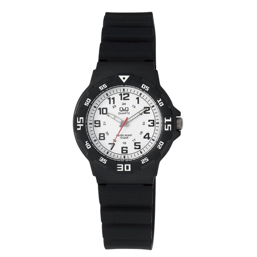 Q&Q horloge VR19J003 jongens kunststof 10 ATM 

Algemeen
Geslacht: jongens
Model: QQ.VR19J003

Voordelen
- band plastic/silicone zwart
- wijzerplaat zwart met zwarte cijfers (arabisch)
- draagcomfort door licht gewicht
- boven gem. waterdicht: zwemmen/duiken
- datum
- duidelijke tijdsweergave
- quartz
- maat kast 35mm (breedte) 0mm (dikte)

