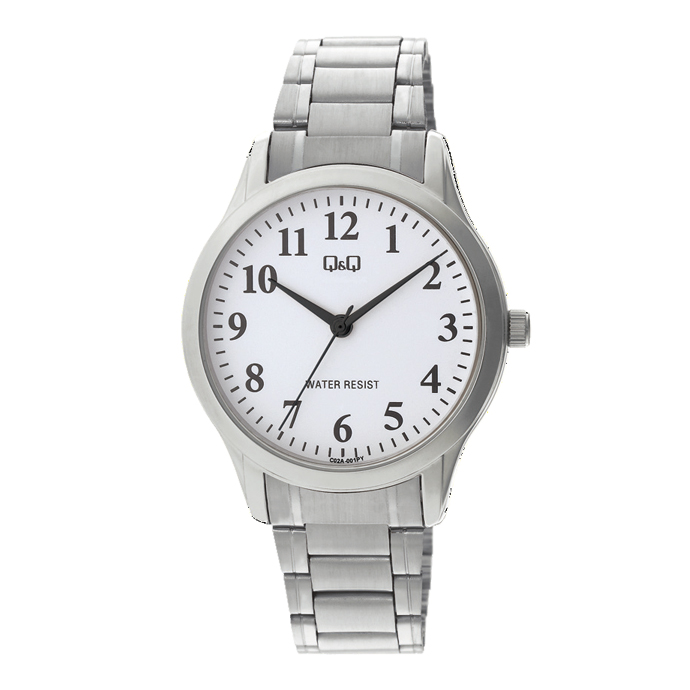 Omschrijving Q&amp;Q  horloge.
- Kastkleur: zilverkleurig
- Kast maat: 40 mm
- Kast dikte: 8.5 mm
- Kast materiaal: Zinc alloy
- Uurwerk type: Miyota 2035
- Glas type: Mineraal
- Waterdicht: 3 ATM
- Horlogeband: staal met  klepsluiting
- Maataansluiting band: 14 mm
- Wijzerplaat: witkleurig met cijfers aanduidingen
- Licht functie: Nee
EAN:4966006875751