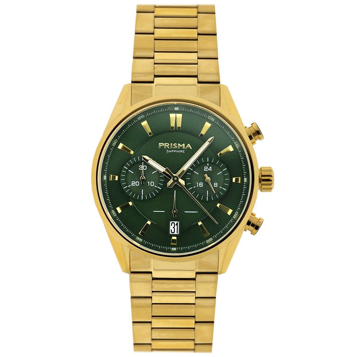 Prisma horloge P2052 heren edelstaal saffierglas 10 ATM All-stainless goudkleurig

Algemeen
Geslacht: heren
Model: P.2052

Voordelen
- All-stainless steel massief schakelband goudkleurige en vlindersluiting
- quartz
- groene wijzerplaat metchrono aanduiding met goudkleurige streepjes
- boven gem. waterdicht: zwemmen/duiken
- glas is zeer krasvast
- ook voor brede pols (max. 235 mm)
- datum
- quartz uurwerk
- maat kast 42 mm (breedte) 11 mm (dikte)

