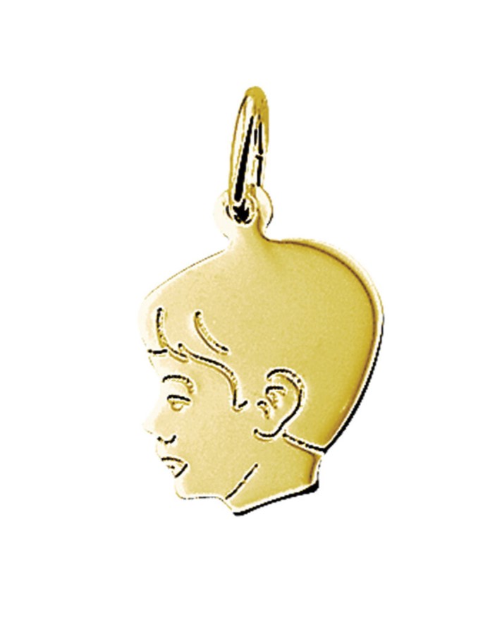 14 Karaat geel gouden kinderhoofdje geschikt voor gravure naam en geboorte datum aan achterzijde. 17X22 mm.
