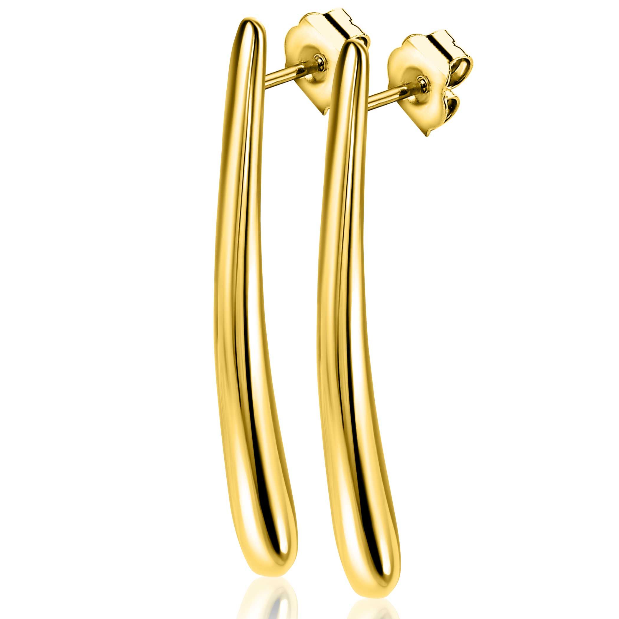 ZINZI gold plated zilveren oorstekers (49mm) in opvallende dunne langwerpige druppelvorm. De oorstekers zijn 5mm breed. Echte eyecatchers voor op het oor. Vervaardigd van eerste gehalte zilver (925) en extra geel verguld.