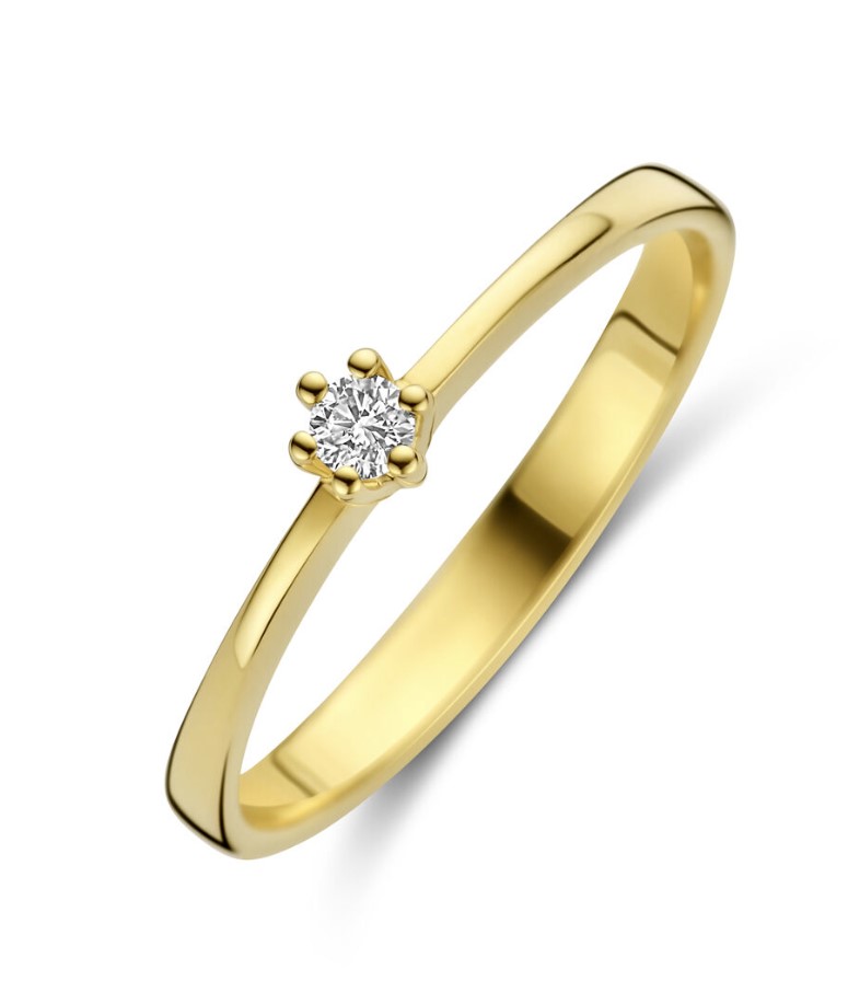 14 Karaat geel gouden solitair ring met recht chaton met daarin een briljant van 0.10 crt H/SI-1.