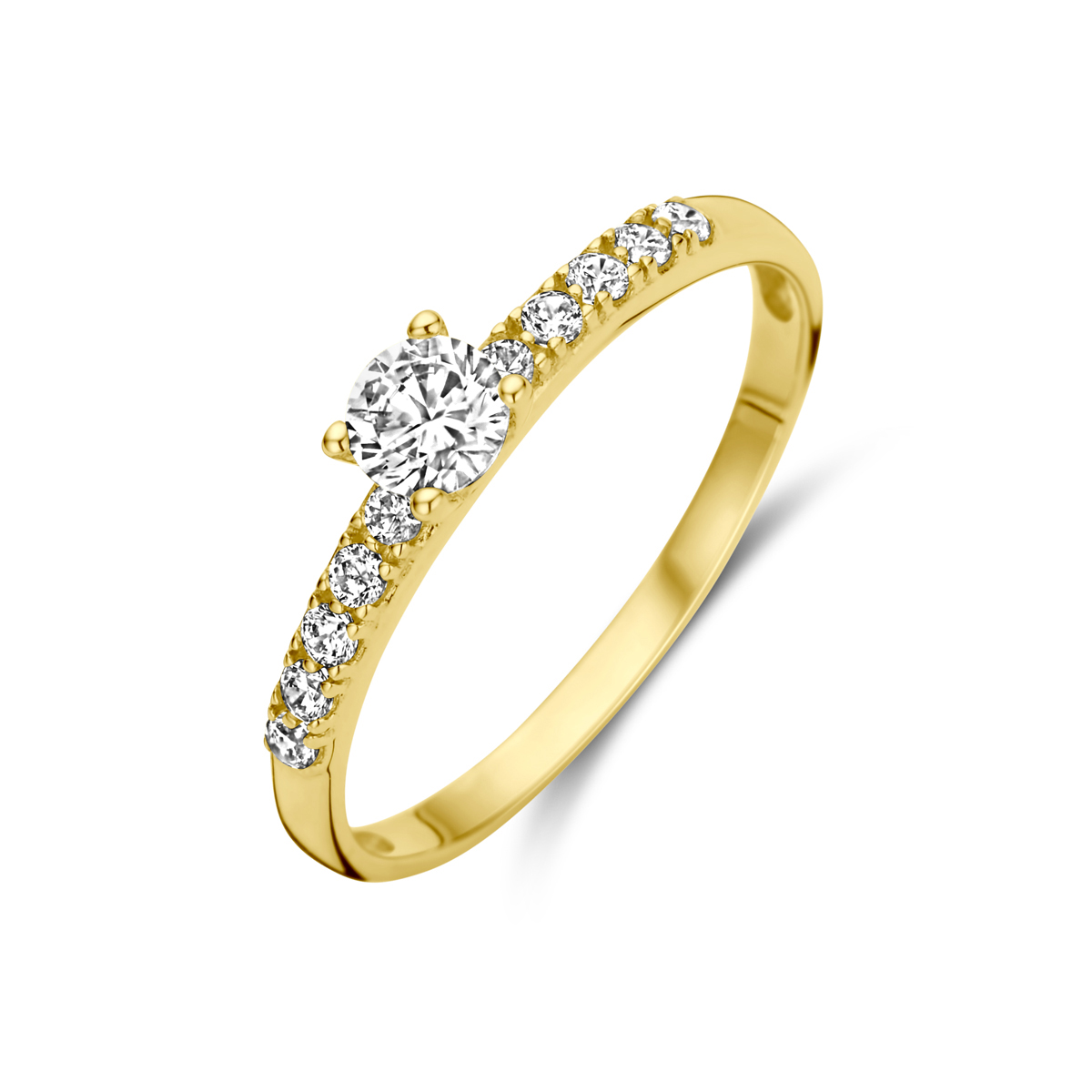 14k Geelgouden ring uitgevoerd met zirkonia. De ring heeft een breedte van 4mm.