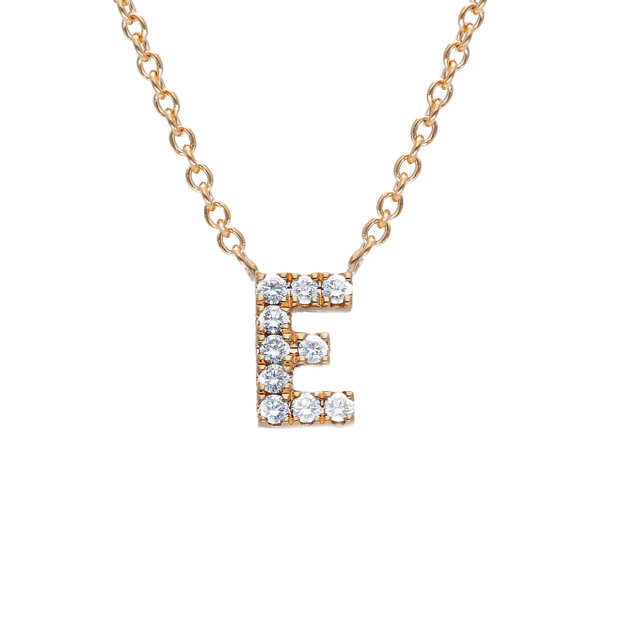 -ketting in geel goud (foto rosé goud) met de letter E in diamant gezet 0.20ct
-verkrijgbaar in alle letters (prijzen kunnen verschillen van letter tot letter)
-ook verkrijgbaar in rosé en wit goud