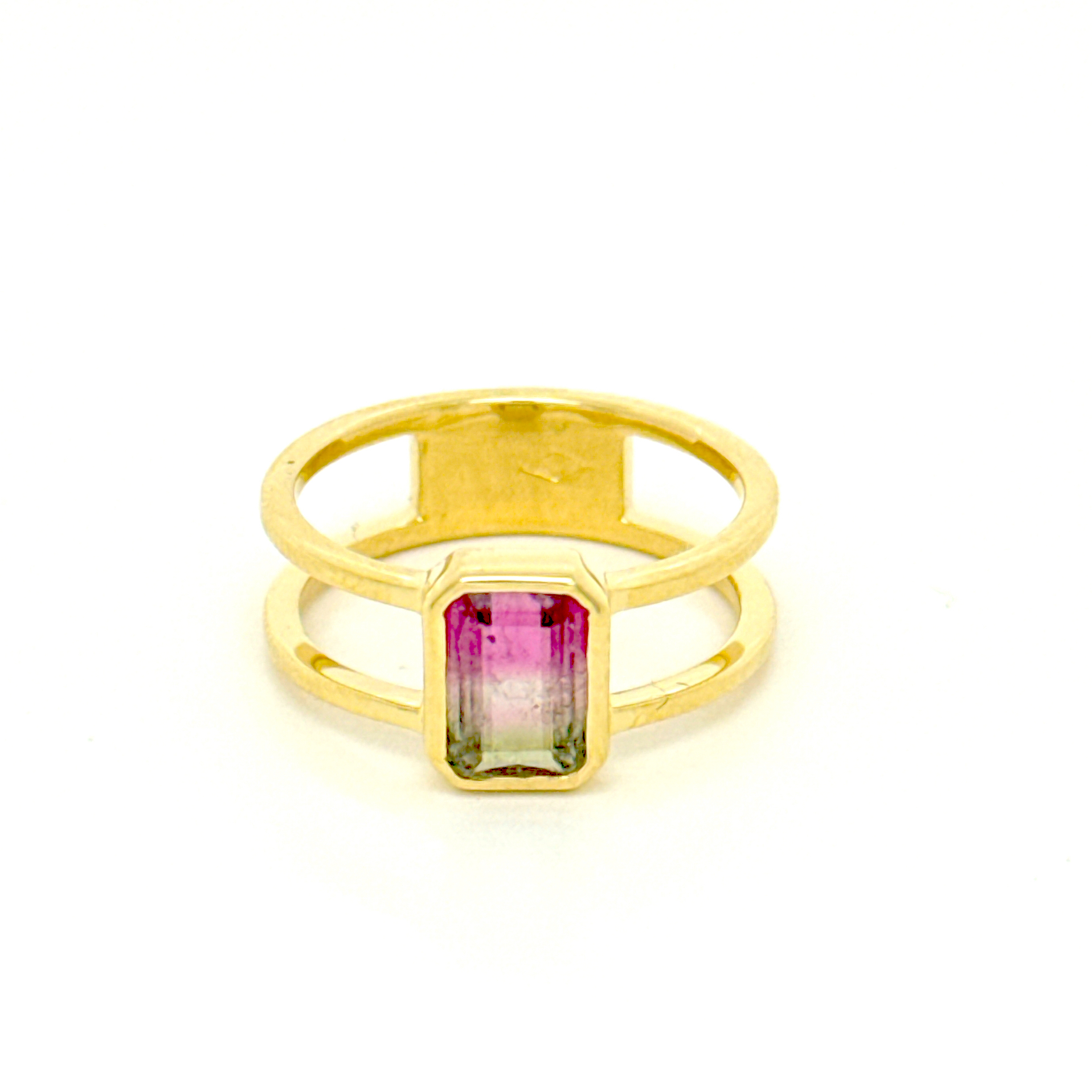 Eigen creatie in 18kt geel goud met tourmalijn (watermelon)