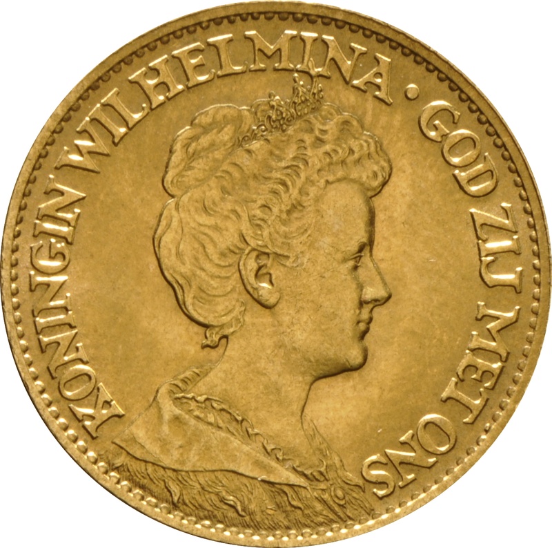 Land	Nederland
Periode	Koningin Wilhelmina (1890 - 1948)
Munt Type	Circulatiemunten
Jaar	1911-1917
Regent	Wilhelmina
Opmaak	Goud 0.900
Rand Type	Ribbels
Vorm	Rond
Uitlijning	Munt (180°)
Gewicht (g)	6.729
Diameter (mm)	22.5
Dikte (mm)	1.25
