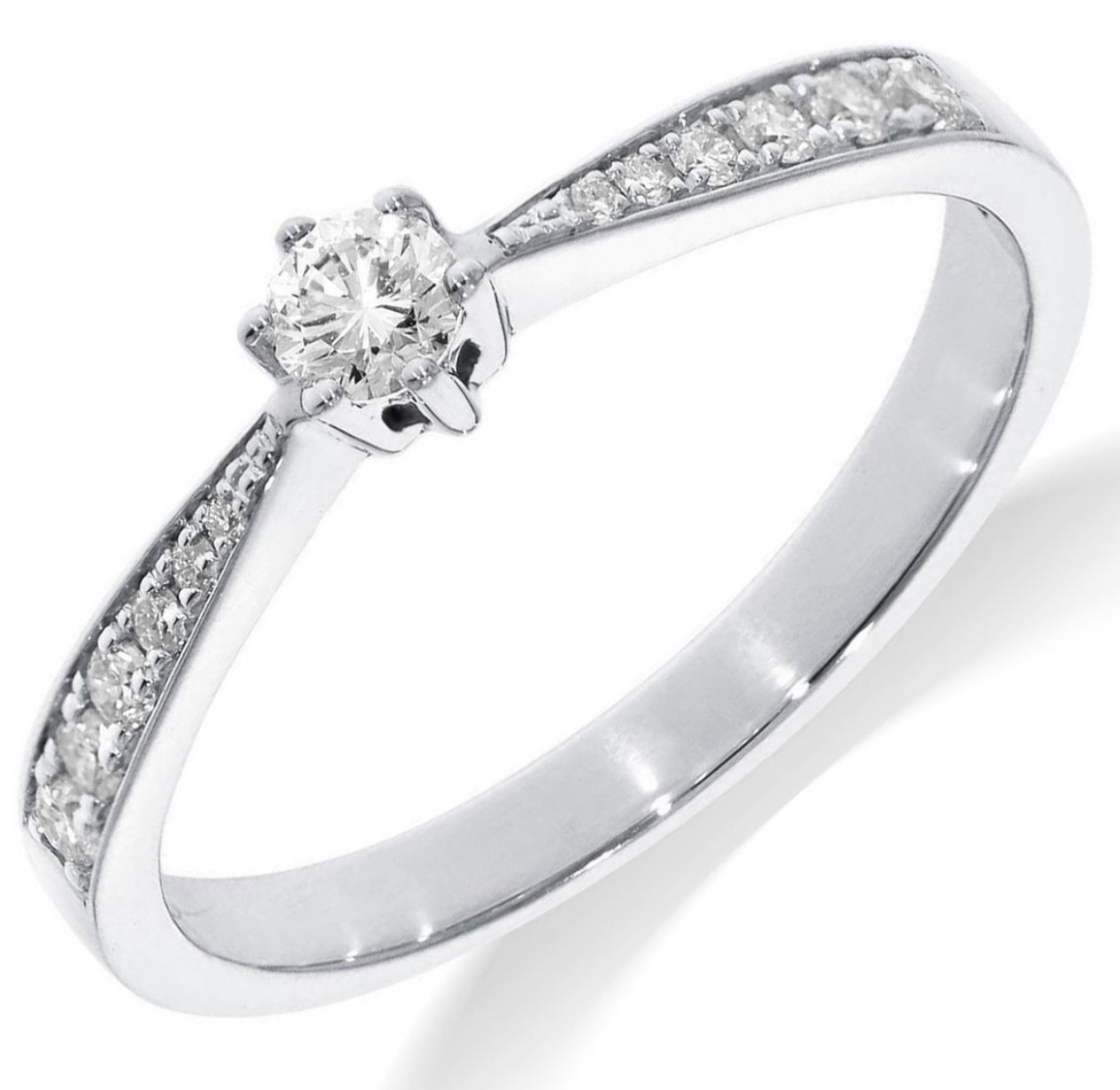14 Karaat wit gouden solitair ring met klassiek witgouden chaton en zij stenen. Totaal 0.37 crt briljant G/VS-1.