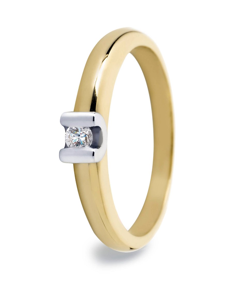 14 Karaat geel gouden solitair ring met witgouden zetting met daarin een brilajnt van 0.03 crt SI/RIVER.