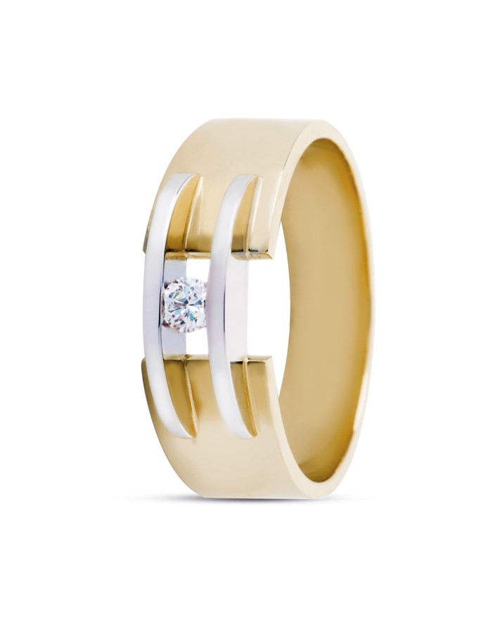 14 Karaat geel gouden ring met 2 witgouden bruggen met daarin een briljant van 0.08 crt RIVER/SI.