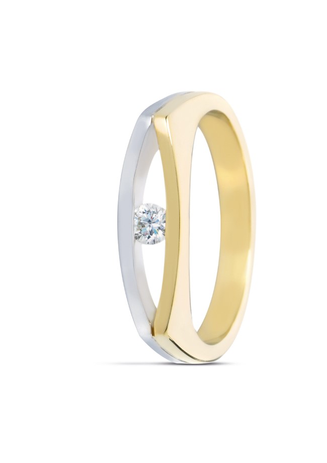 14 Karaat geel en witgouden klem ring met daarin een briljant van 0.06 crt SI/RIVER.