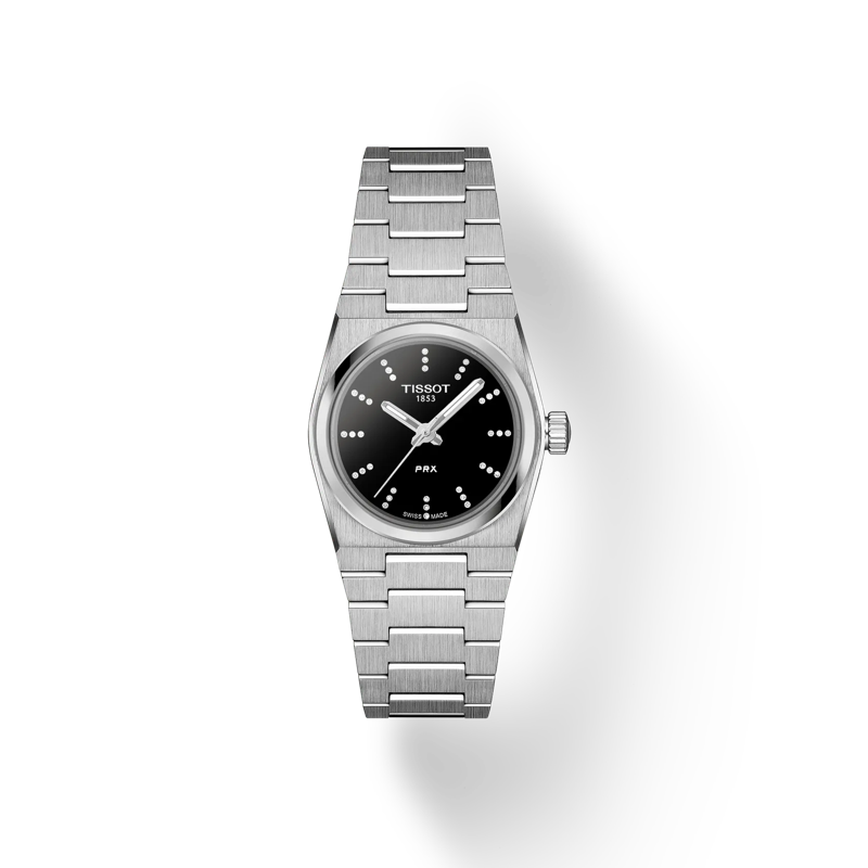 Tissot damespolshorloge PRX met zwarte wijzerplaat en diamant index.