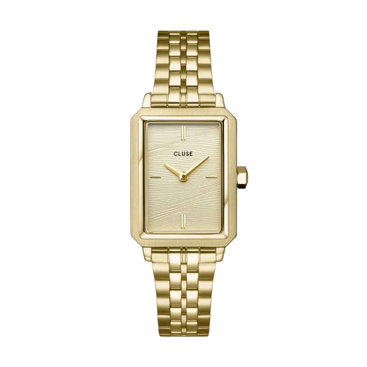 Voeg een gevoel van luxe en verfijning toe aan je look met het Fluette dameshorloge. Met een gepolijste goudkleurige rechthoekige horlogekast van 30,6 mm, een roestvrijstalen horlogeband van 14 mm met schakels en een goudkleurige wijzerplaat met zandstructuur die doet denken aan de warmte van zomers zand. Pas gemakkelijk de look van je horloge aan met een horlogebandje van 14 mm.