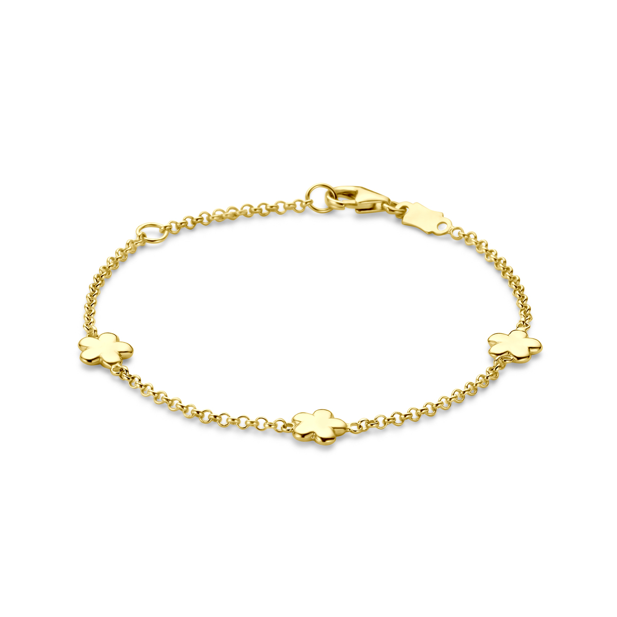 14k Geelgouden armband uitgevoerd met bloemen. De armband heeft draaglengtes van 11-13cm. Uitgevoerd met karabijnsluiting.