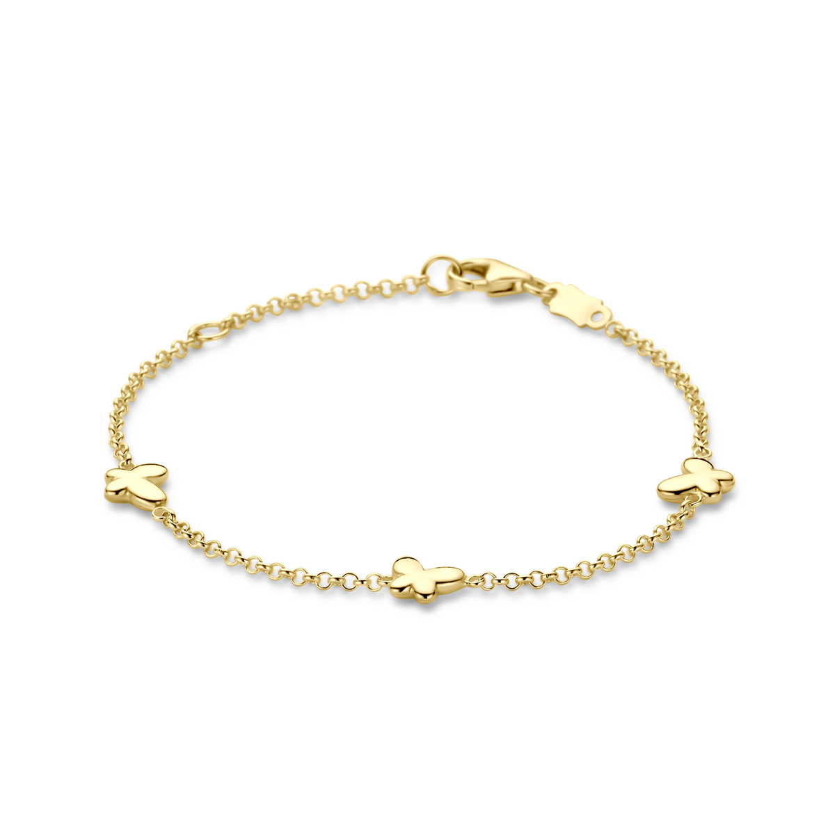 14k Geelgouden armband uitgevoerd met vlinders. De armband heeft draaglengtes van 11-13cm en is uitgevoerd met karabijnsluiting.