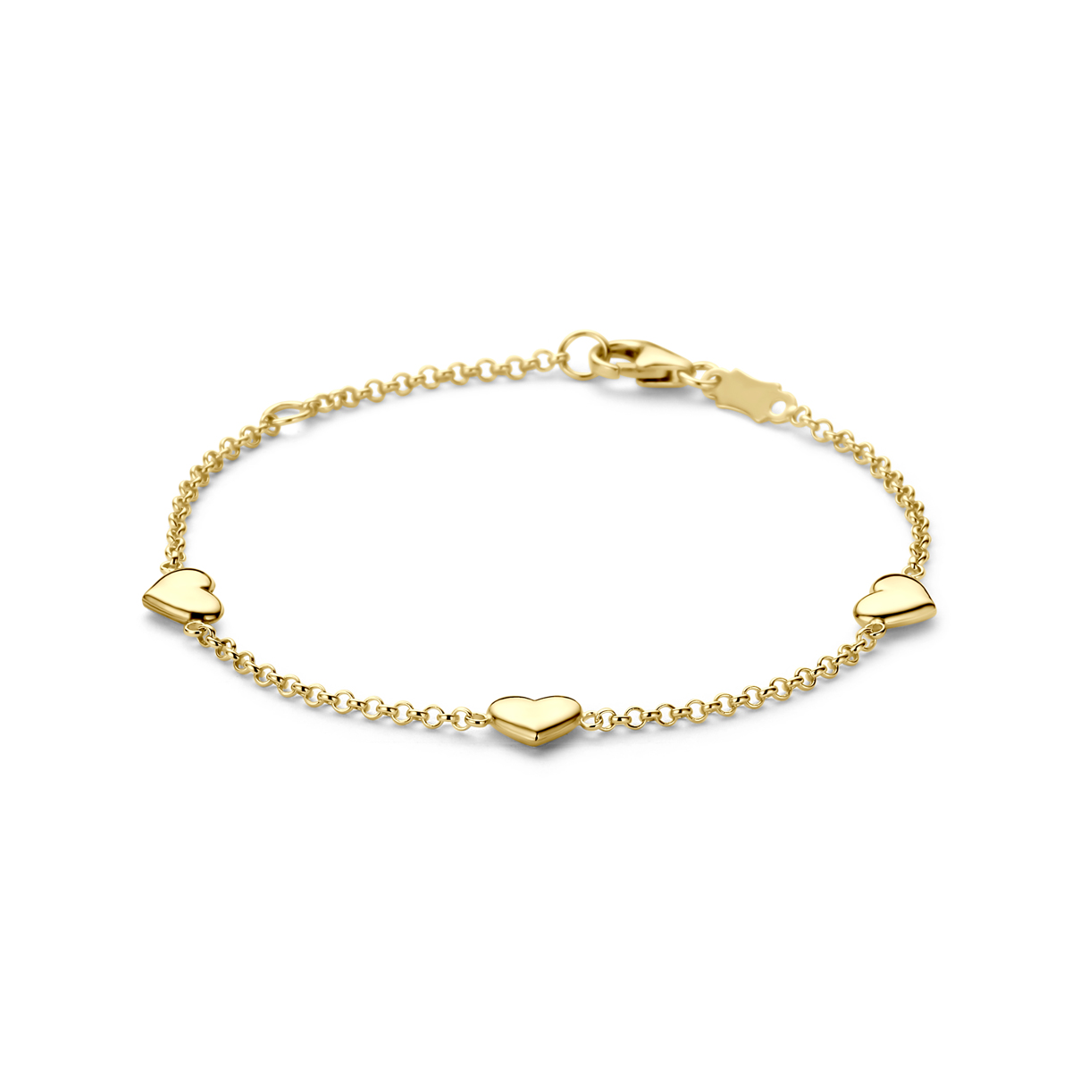 14k Geelgouden armband uitgevoerd met hartjes. De armband heeft draaglengtes van 11-13 cm en een schakelbreedte van 1,5 mm.