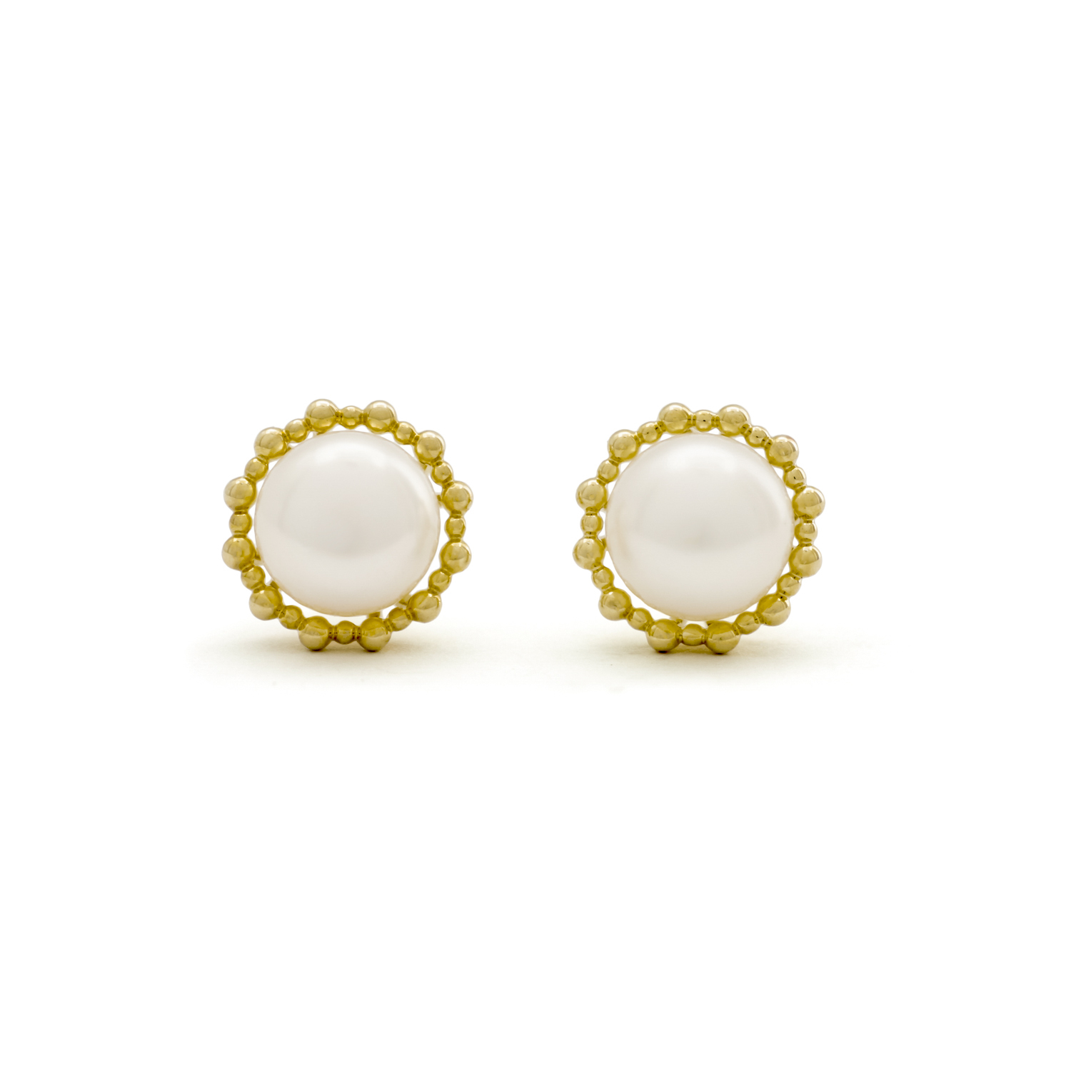 gouden oorstekers, 6,5mm parel+ bolletjesrand