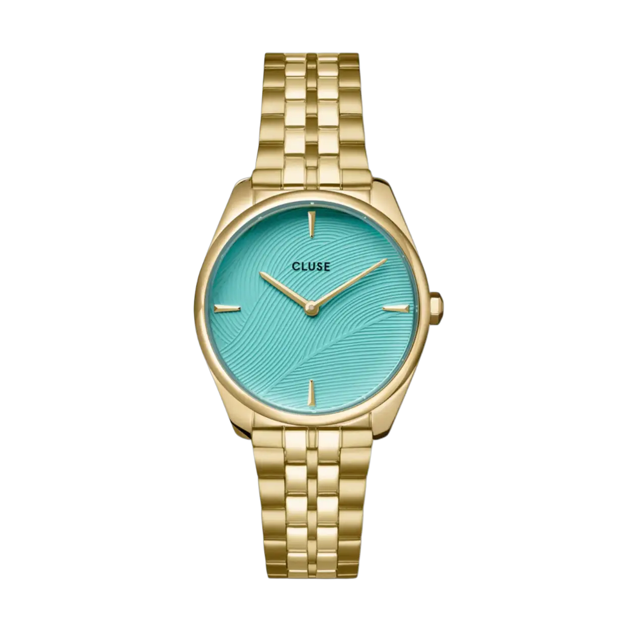 Dit charmante, eigentijdse item is een elegante aanvulling op jouw stijl, die geschikt is voor zowel het dagelijks leven als speciale gelegenheden. Met een goudkleurige ronde horlogekast van 31,5 mm, een goudkleurig roestvrijstalen horlogebandje met 5 schakels en een wijzerplaat met bladmotief in een zwembadblauwe kleur. Dit horloge is een eerbetoon aan de band tussen natuur en design. Pas makkelijk de look van je horloge aan met elk horlogebandje van 16 mm. De maat van het horlogebandje pas je gemakkelijk zelf aan!