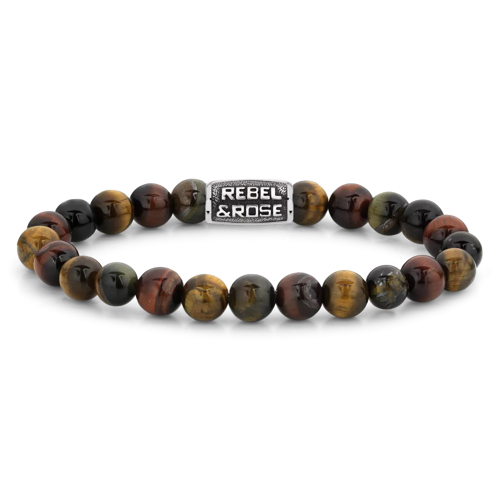 Edelstenen bead armband, handgemaakt van 8mm gemixte Tijgeroog stenen. De sluiting is van staal en de vintage look is handmatig aangebracht. Het Rebel & Rose sieraad is makkelijk te combineren met andere zilveren, leren of kralenarmbanden.

Modelnaam	Who's afraid of the Tiger Vintage - 8mm
Modelnr.	RR-80095-V-XL
Collectie	Bracelets Beads
Type sieraad	Armband
Kleur	Bruin, Mix
Sluiting	Stainless Steel
Materiaal	Edelstenen
Steensoort	Tijgeroog 3-kleur
Steenkleur	Geel/rood/blauw
Afwerking	Polish
Breedte (mm)	8mm
Garantie	6 maanden
