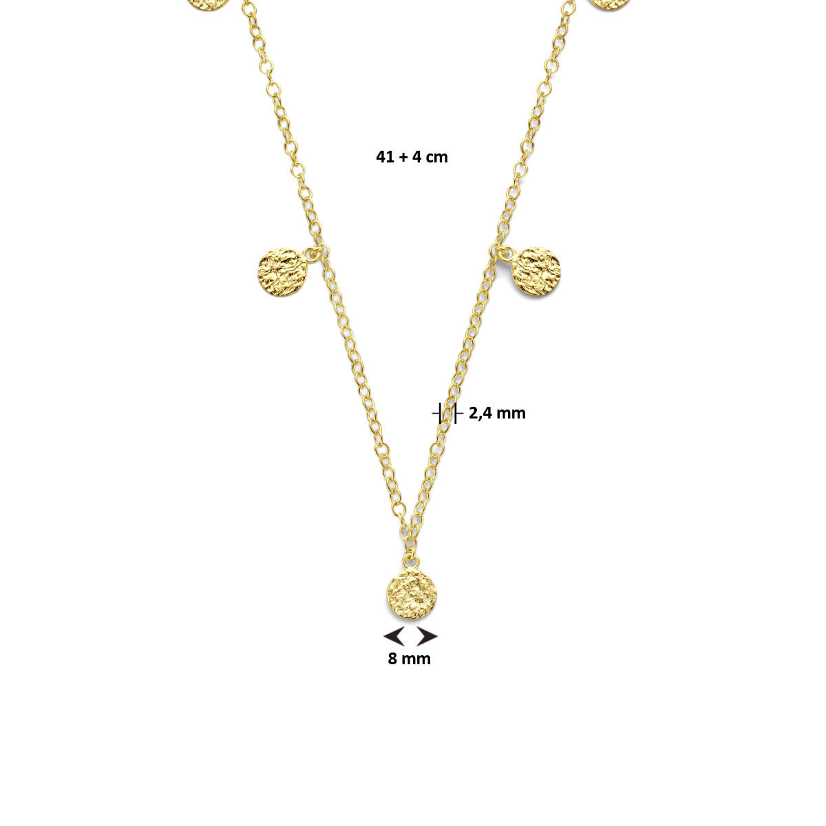 Geelgoud op 925 zilveren collier uitgevoerd met rondjes van 2.4 mm en een stevige karabijn sluiting. Het collier heeft een draaglengte van 41cm en een extensie van 4cm. Geen garantie op plating.