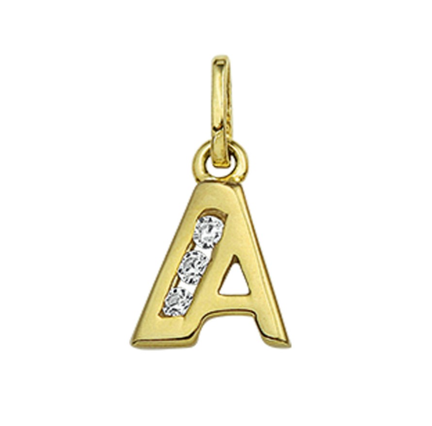 14 Karaat geel gouden letter hanger met zirkonia's. Leverbaar in alle letters van het alfebet. 10 x 6.5 mm.