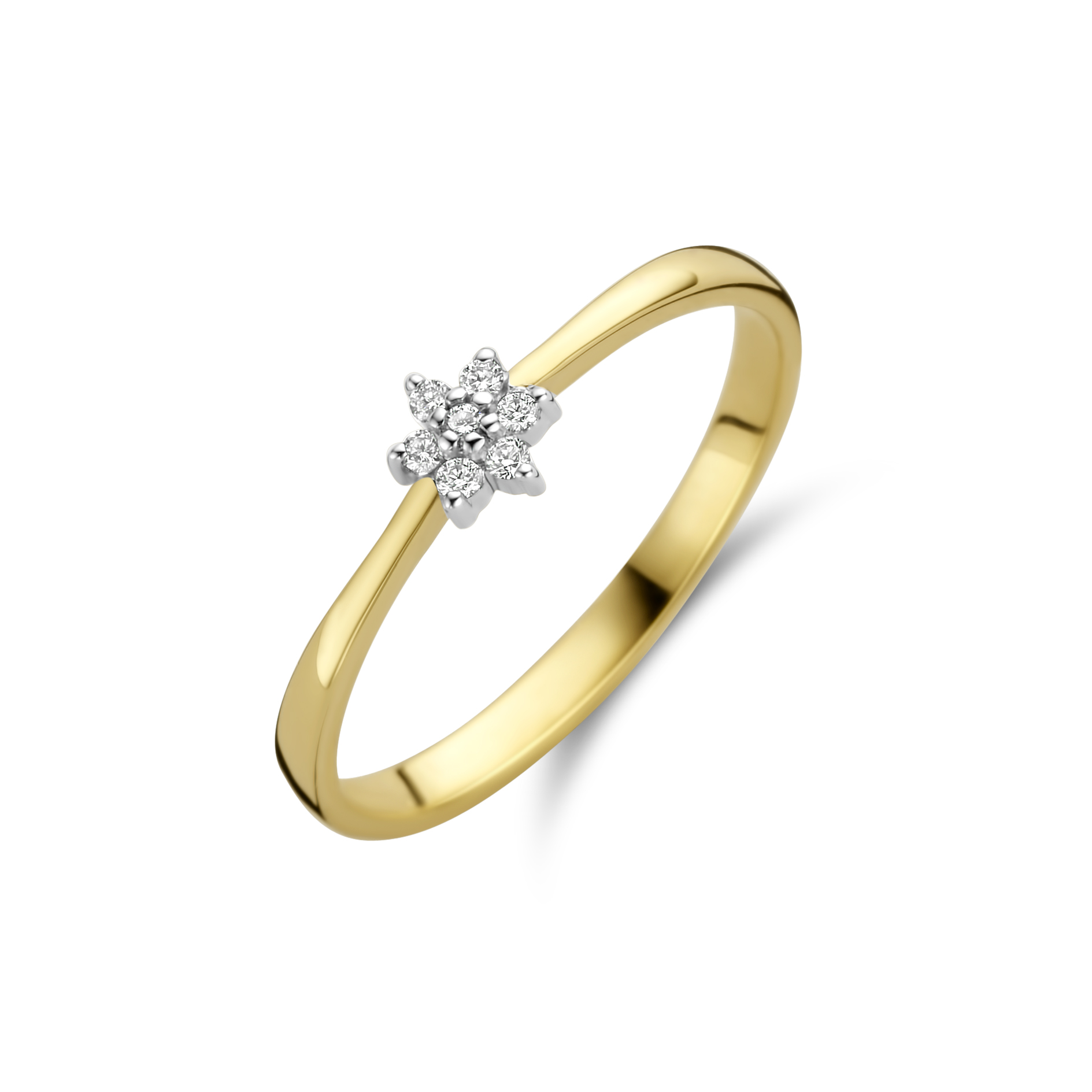 14 karaats geelgouden ring met diamant, rozet 0.06 crt
maat 17en verkrijgbaar in andere maten