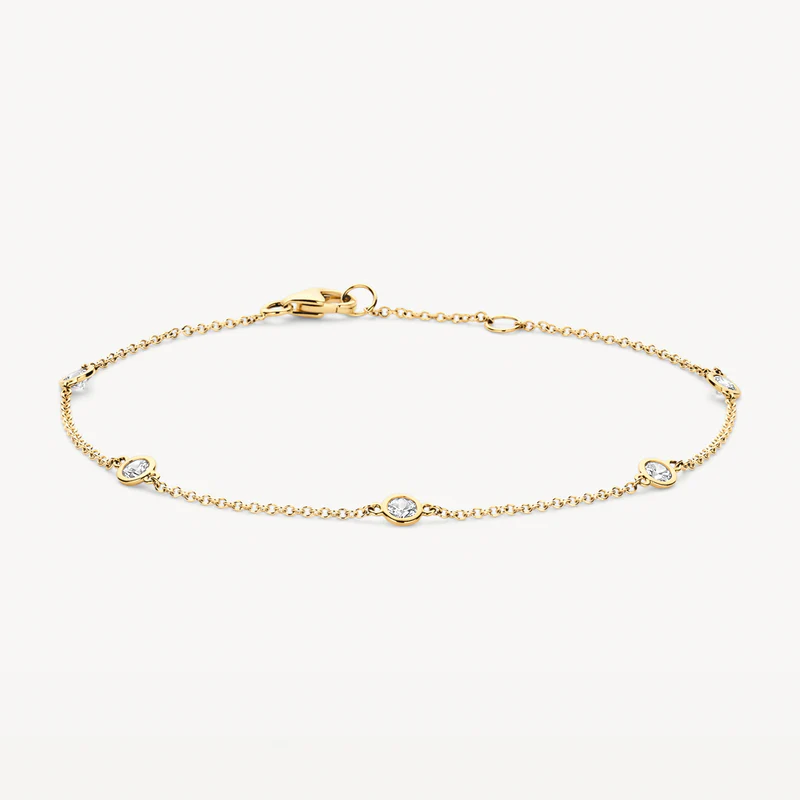 Geelgoud fijn armbandje met 5 zirkonia's in een gladomzetting