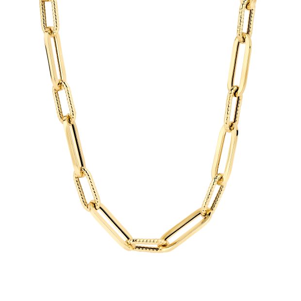 Dit prachtige collier is gemaakt van gouden paperclips die een speelse en trendy uitstraling geven. De lengte van het collier is 45 cm en het is bewerkt met een subtiele blush kleur. De beste manier om het te dragen is met een casual outfit voor een modieuze look. Voeg dit unieke sieraad toe aan je collectie voor een stijlvolle toevoeging aan elke outfit.