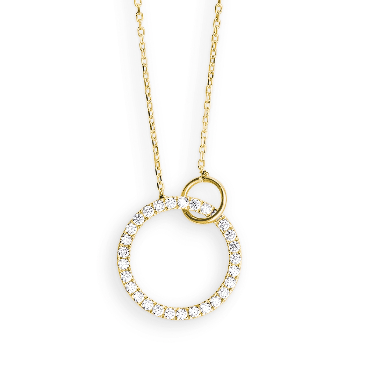 Gouden collier met ronde hanger met zirkonia.