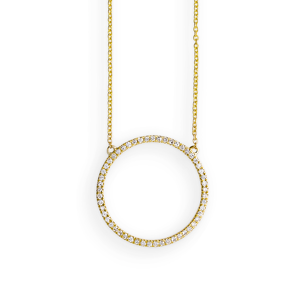Gouden collier met hanger rond en rondom bezet met 0.10 ct. briljant.