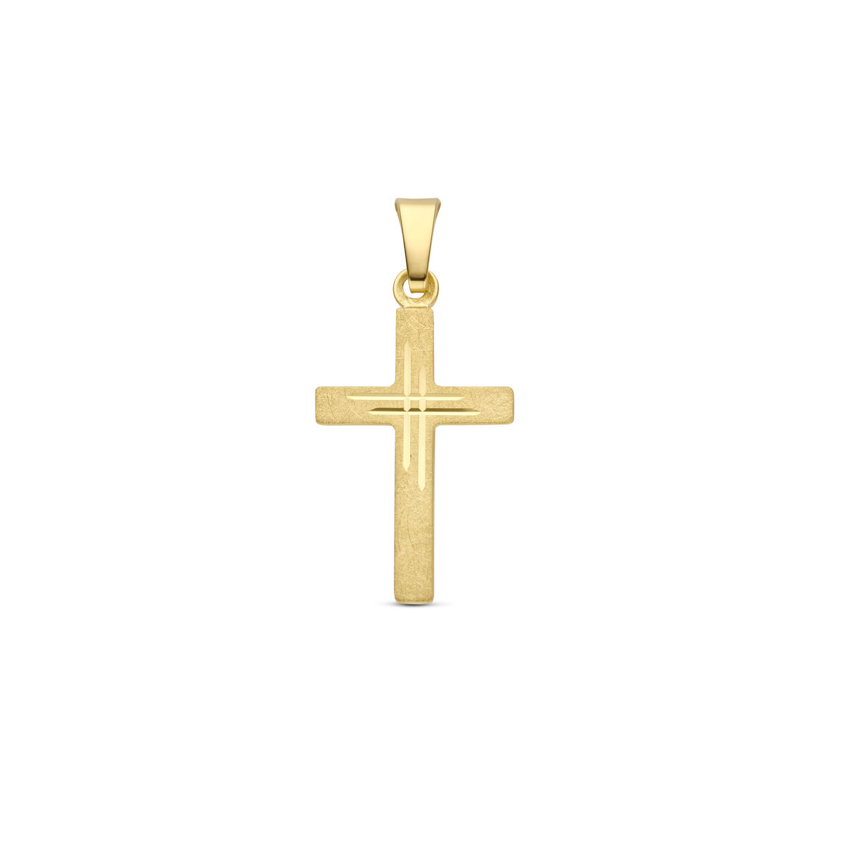 14k Geelgouden hanger in de vorm van een kruis. De hanger heeft een totale hoogte van 26mm en een afmeting van 18x12mm.