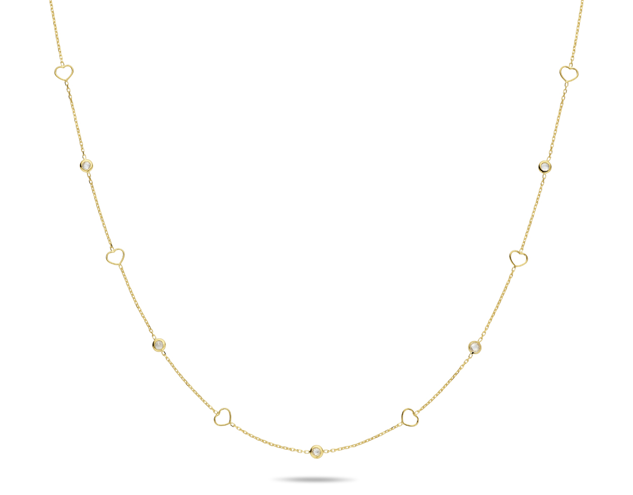 Gouden collier met zirkonias en hartjes in 42 cm
